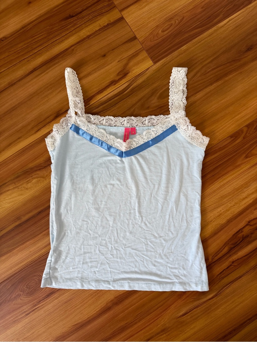Light Blue Lace-Trim Camisole with Blue Satin Accent
